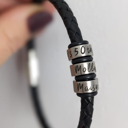 Custom Engraved Leather Bracelet for Men – Personalised Name Rings Gift