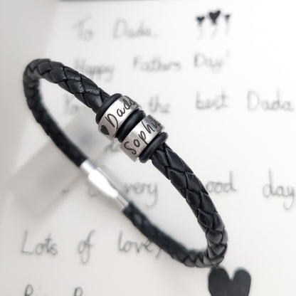 Custom Engraved Leather Bracelet for Men – Personalised Name Rings Gift