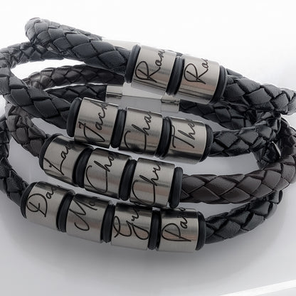 Black Leather Bracelet With Script Engraved Name Rings