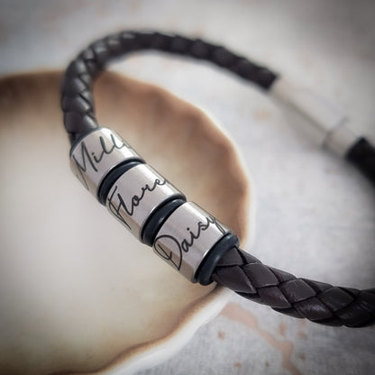 Black Leather Bracelet With Script Engraved Name Rings