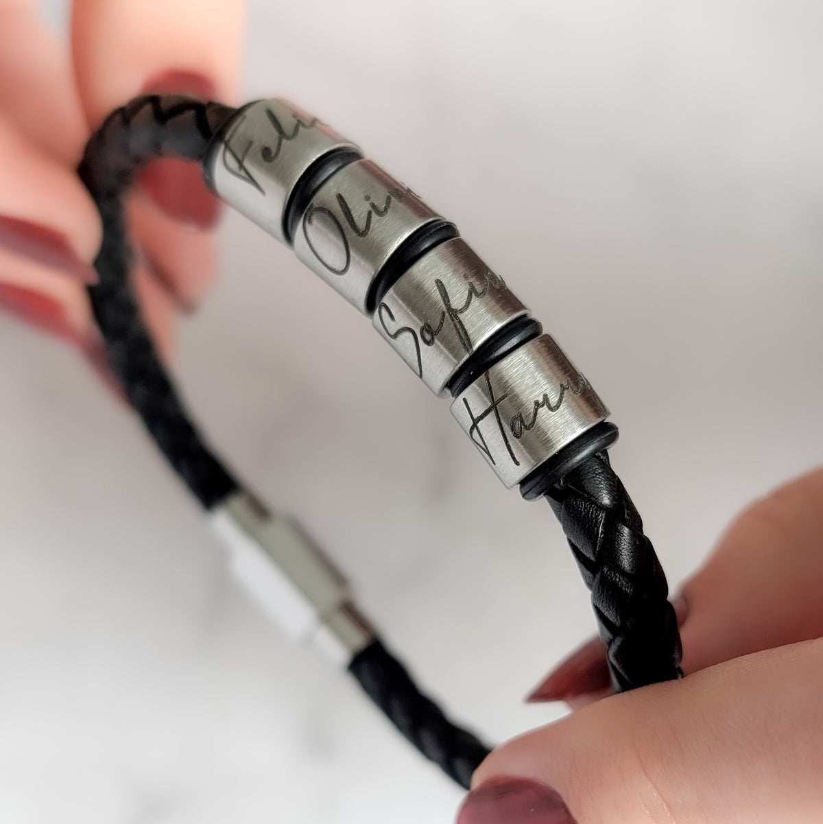 Black Leather Bracelet With Script Engraved Name Rings