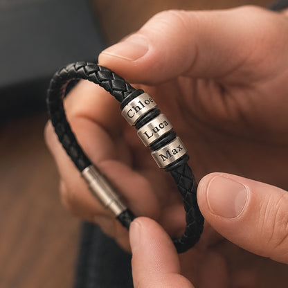 Personalised Men’s Leather Bracelet with Engraved Rings