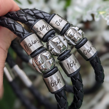 Personalised leather bracelets with engraved names and 16th birthday rings