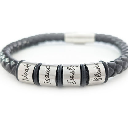 Chunky Leather Bracelet With Engraved Name Rings