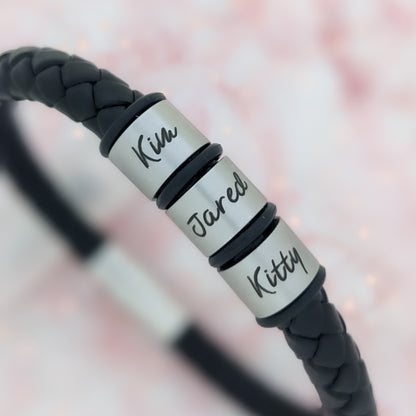 Chunky Leather Bracelet With Engraved Name Rings