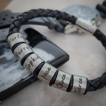 Chunky Leather Bracelet With Engraved Name Rings