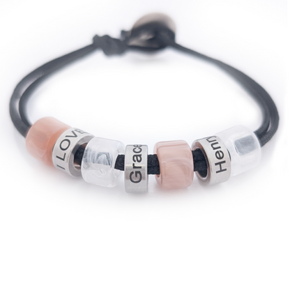 Personalised Beaded Bracelet With Engraved Rings (navy cord)