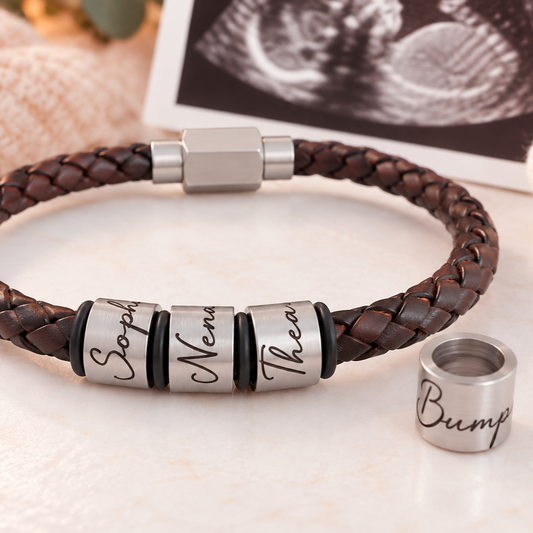 Black Leather Bracelet With Script Engraved Name Rings