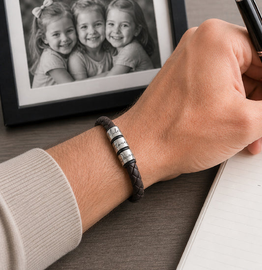 Black Leather Bracelet With Script Engraved Name Rings