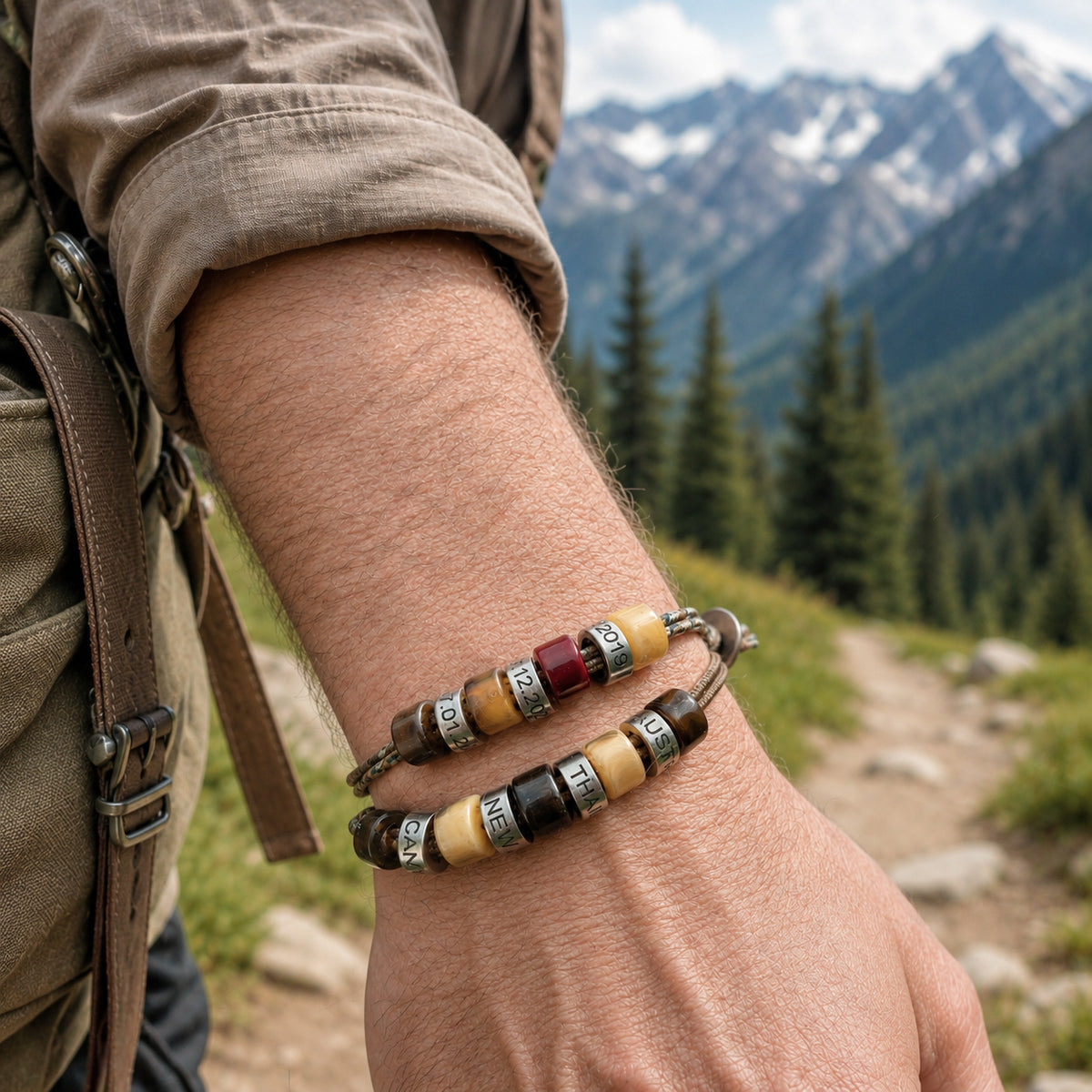 Men’s personalised adventure bracelets with custom engraved beads worn while hiking
