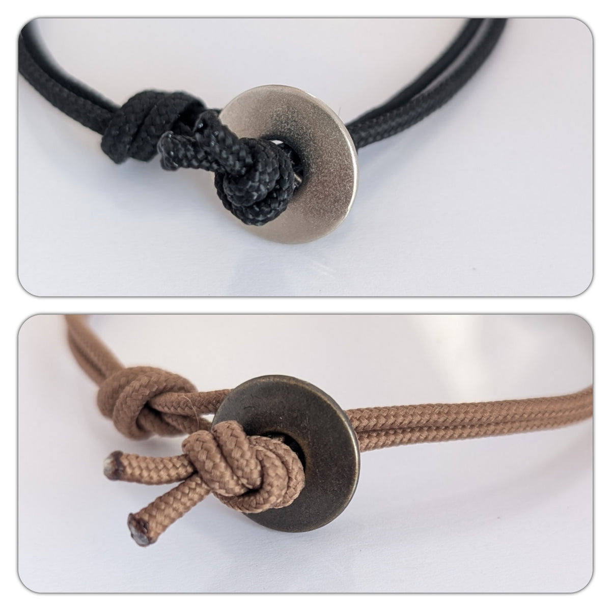 Button clasp detail on men’s personalised cord bracelet in black and mocha