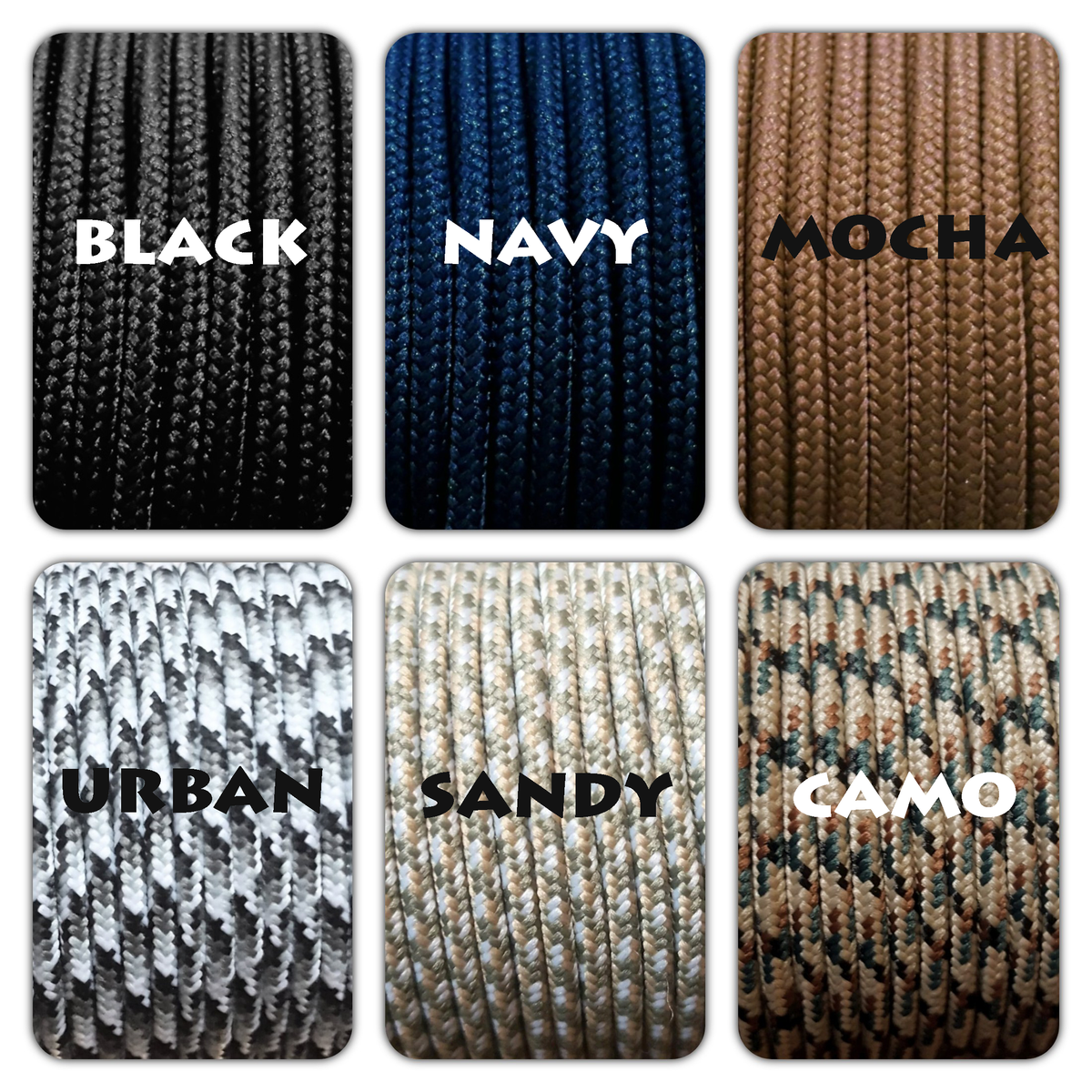 Cord colour options for men’s personalised bracelets: black, navy, mocha, urban, sandy and camo