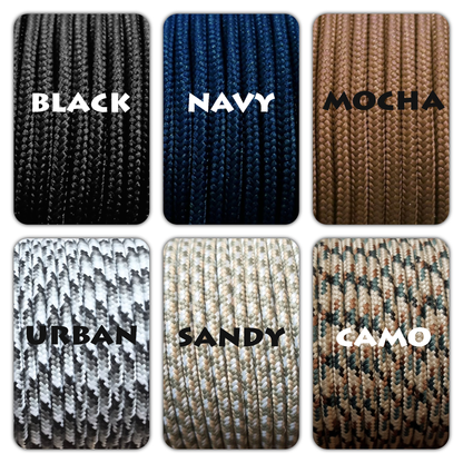 Cord colour options for men’s personalised bracelets: black, navy, mocha, urban, sandy and camo