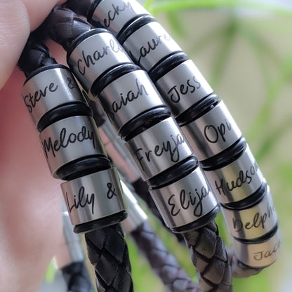Chunky Leather Bracelet With Engraved Name Rings