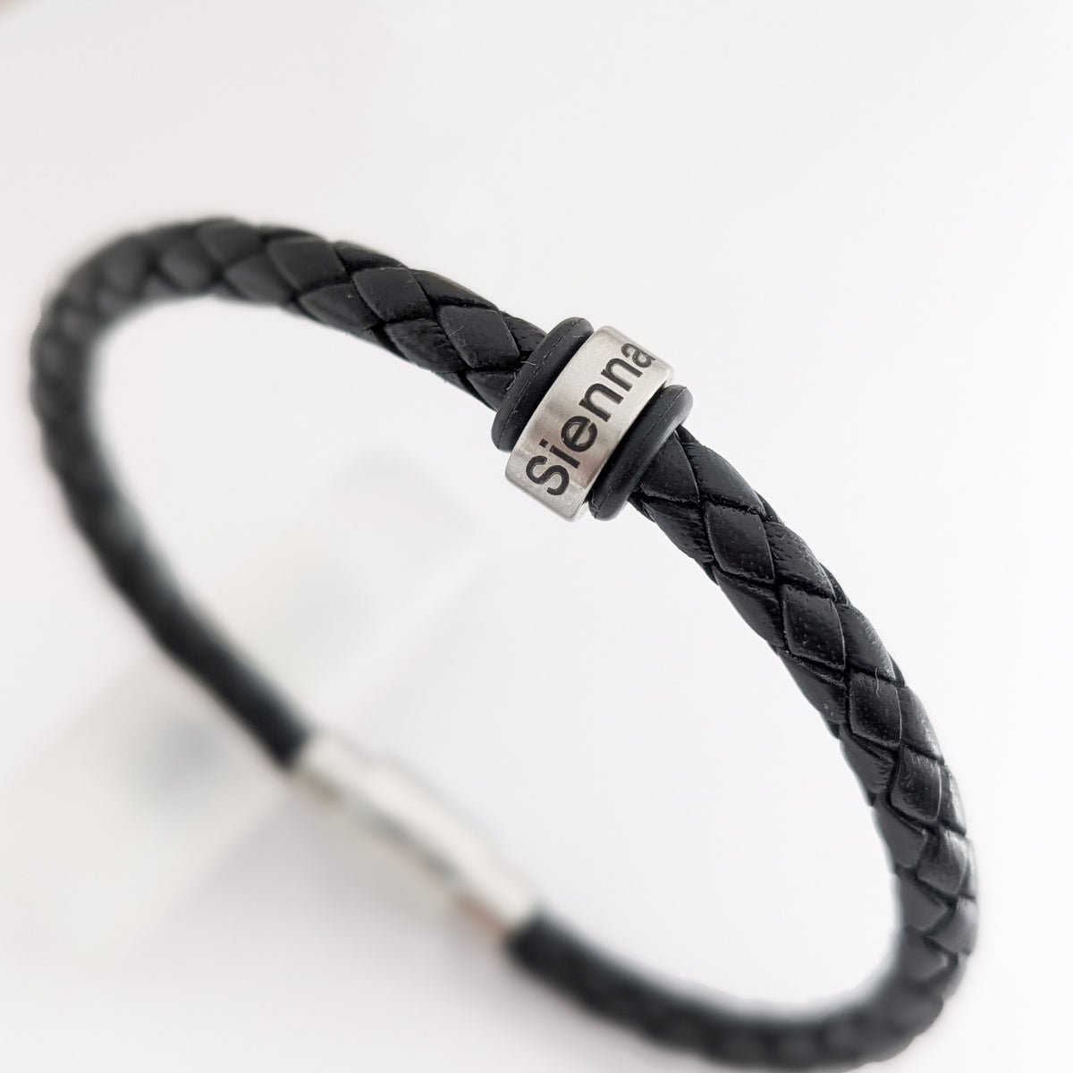 Personalised Mens Leather Bracelet With Engraved Name Rings