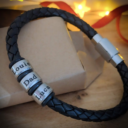 Black men’s braided leather bracelet with engraved stainless steel name rings