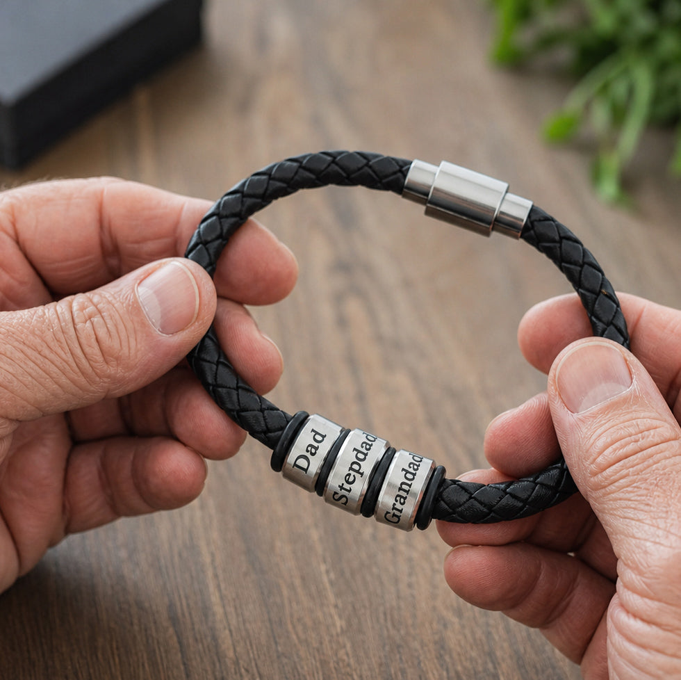 Black braided leather bracelet with engraved Dad, Stepdad and Granddad name rings