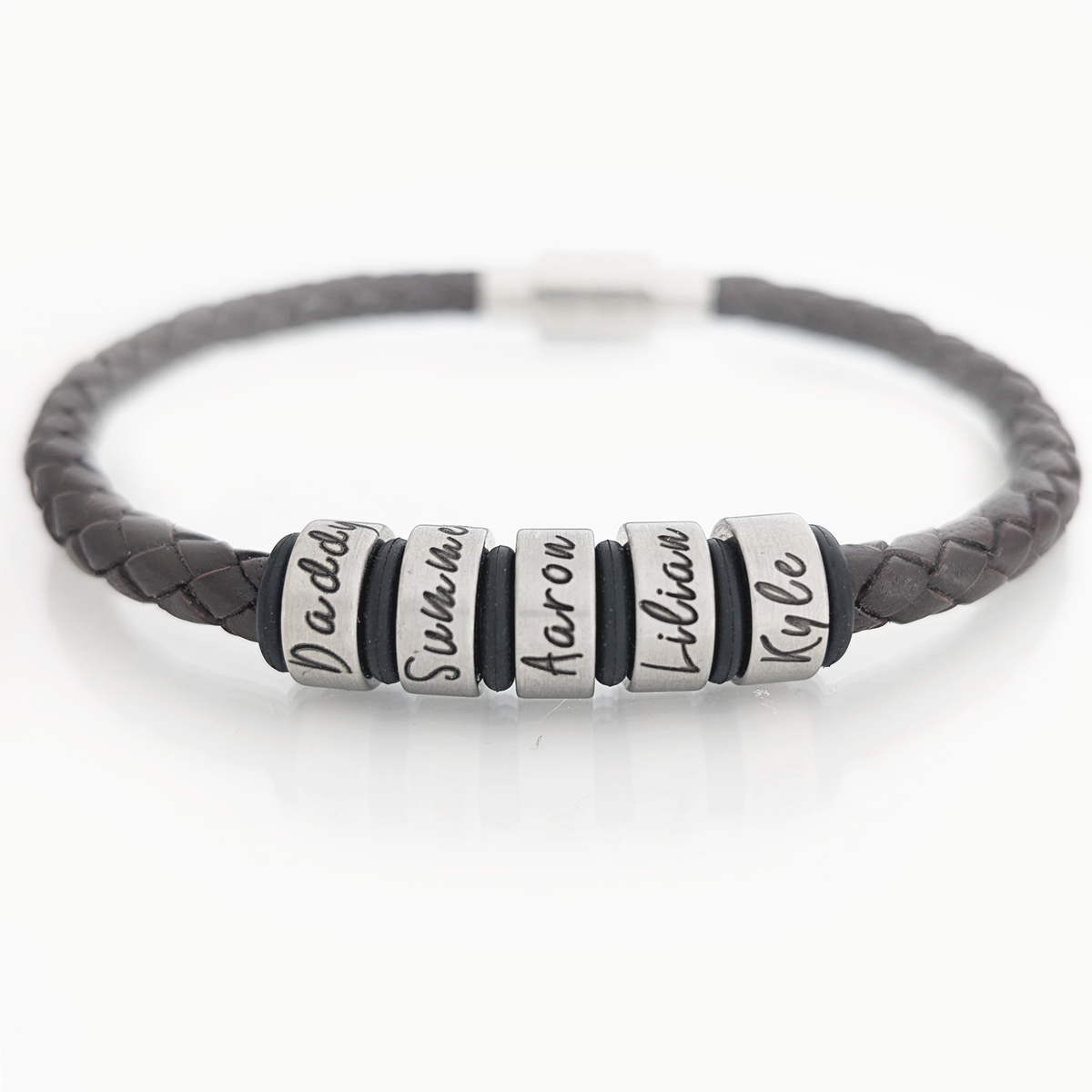 Personalised men's braided leather bracelet with engraved stainless steel name rings