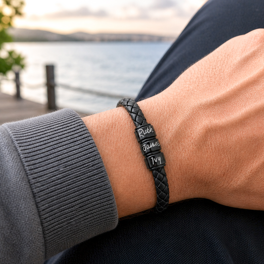 Personalised Men's Leather Bracelet With Black Name Rings