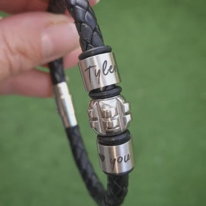 Personalised leather bracelet for teenage boy with engraved name ring and feature bead