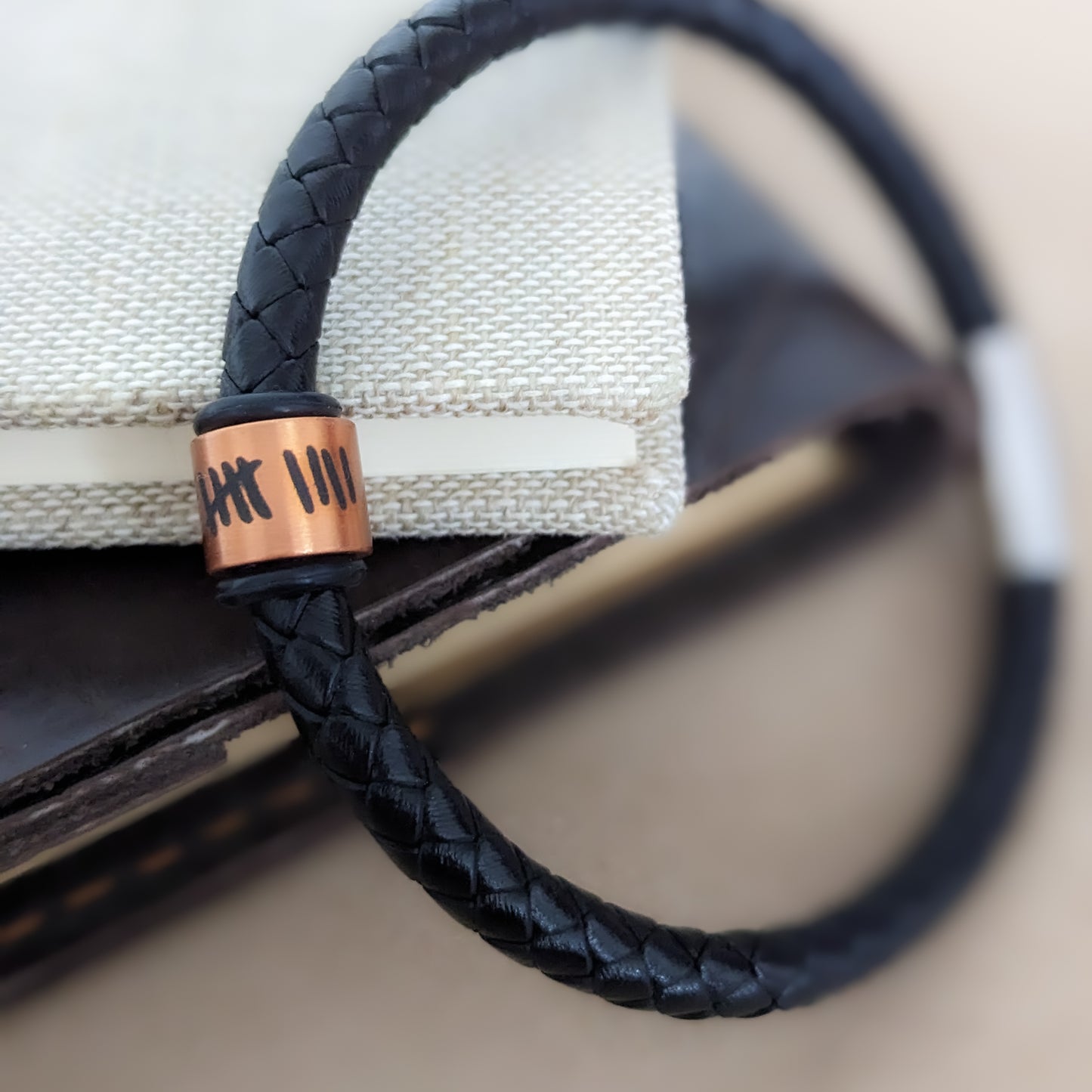 Personalised Men's Leather Bracelet With Copper Name Rings