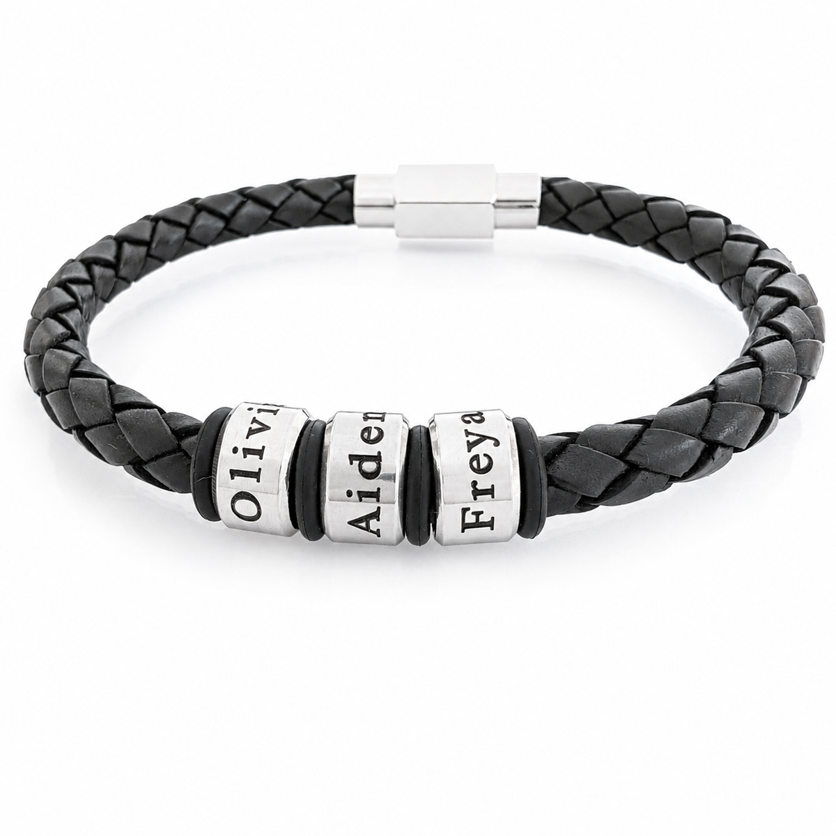 Personalised Men’s Leather Bracelet with Engraved Rings