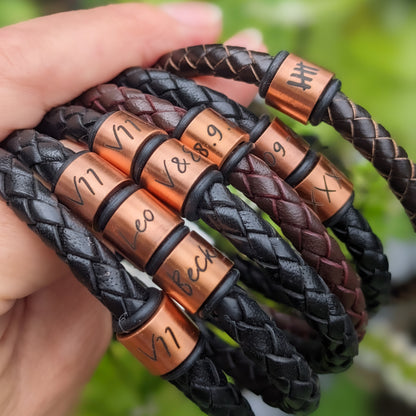 Personalised Men's Leather Bracelet With Copper Name Rings