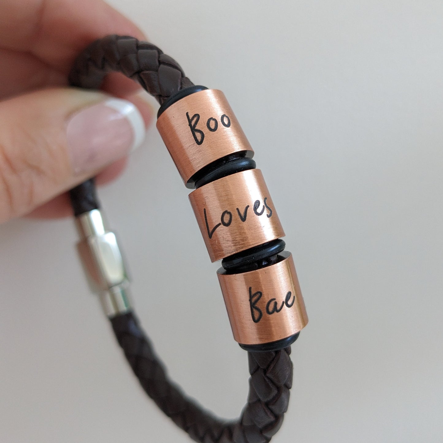 Personalised Men's Leather Bracelet With Copper Name Rings