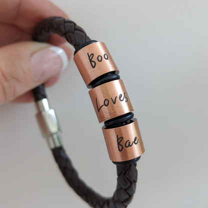 Personalised Men's Leather Bracelet With Copper Name Rings