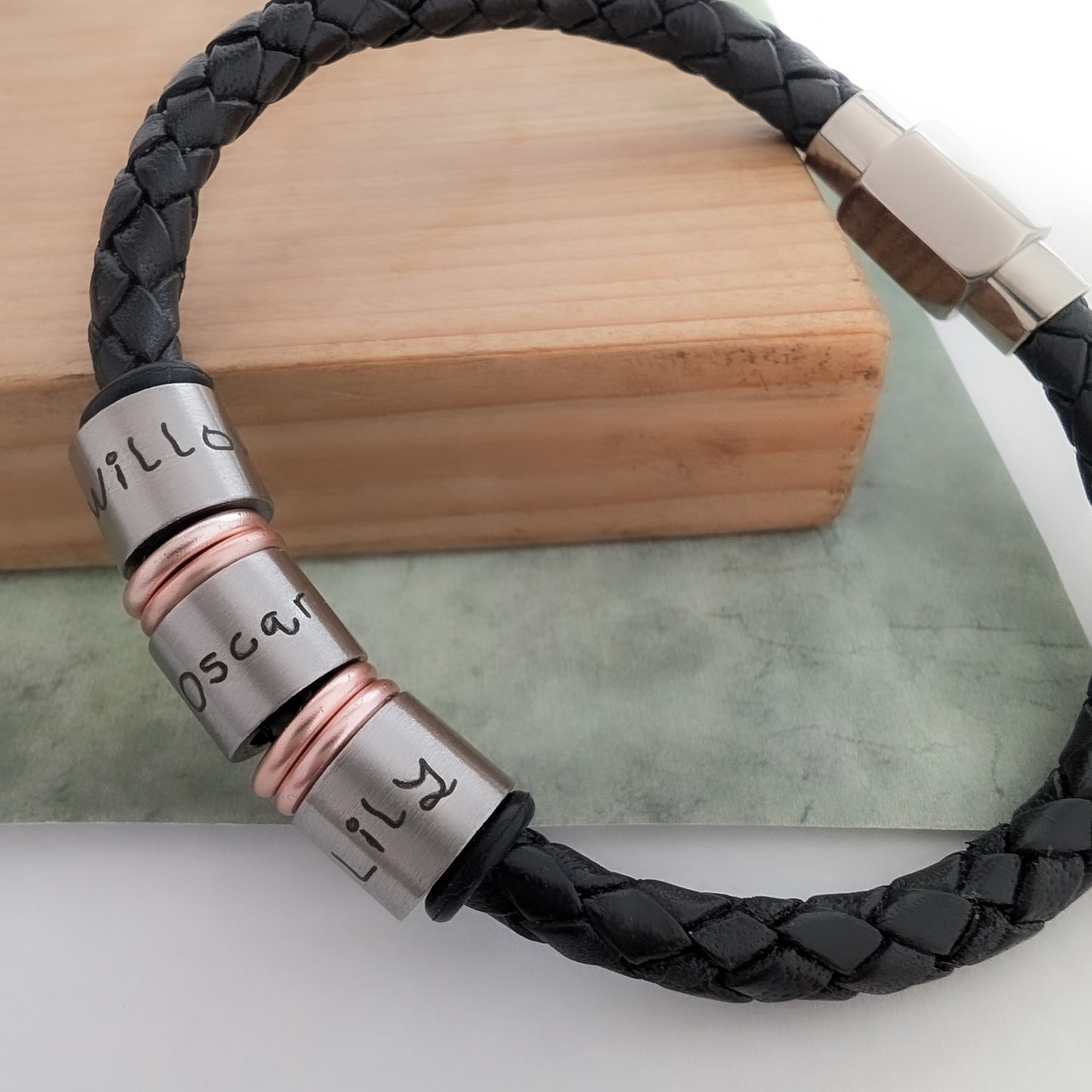 Personalised Men’s Leather Bracelet with Name Rings and Spacers