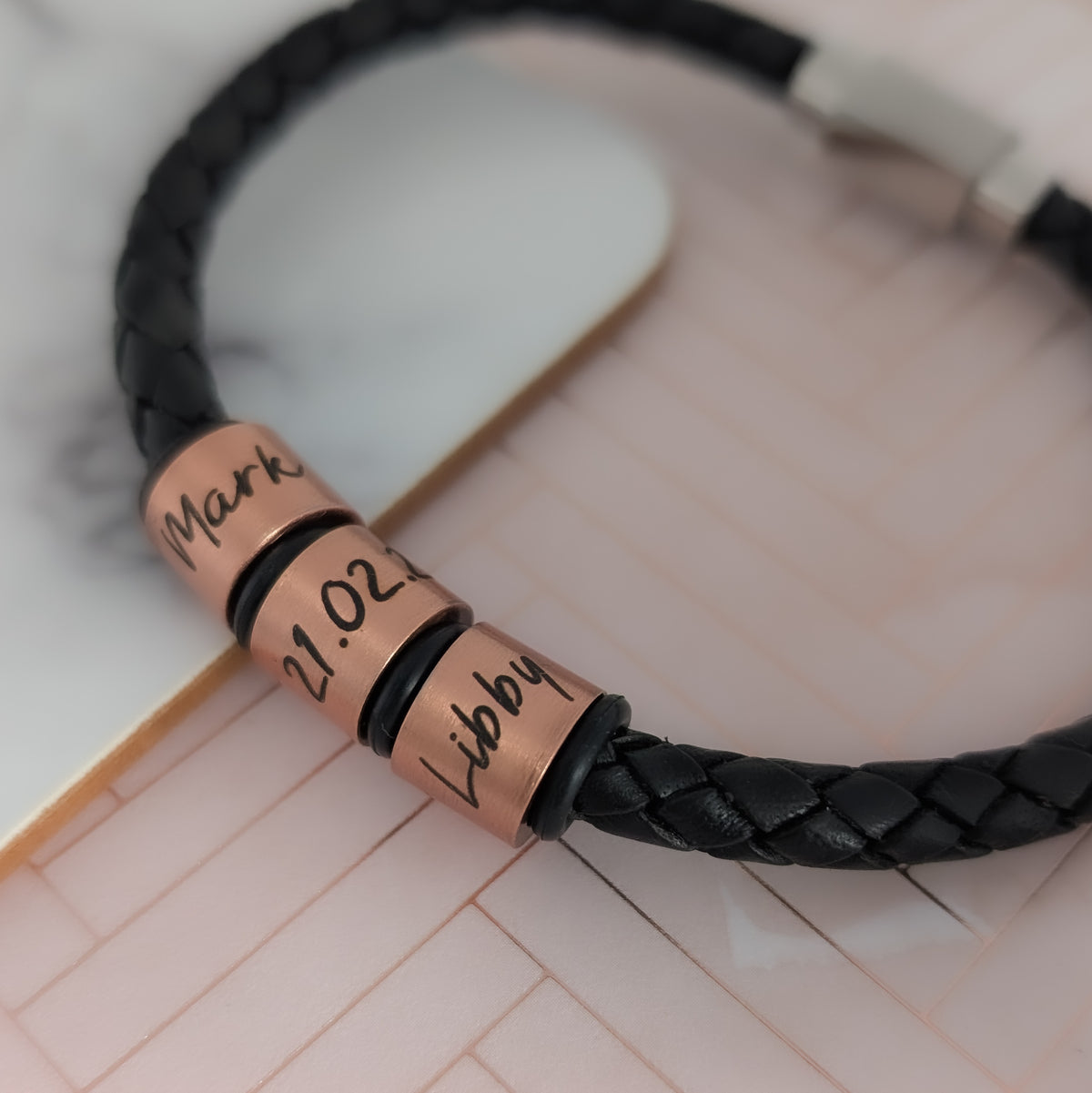 Personalised Men's Leather Bracelet With Copper Name Rings