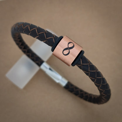 Personalised Men's Leather Bracelet With Copper Name Rings