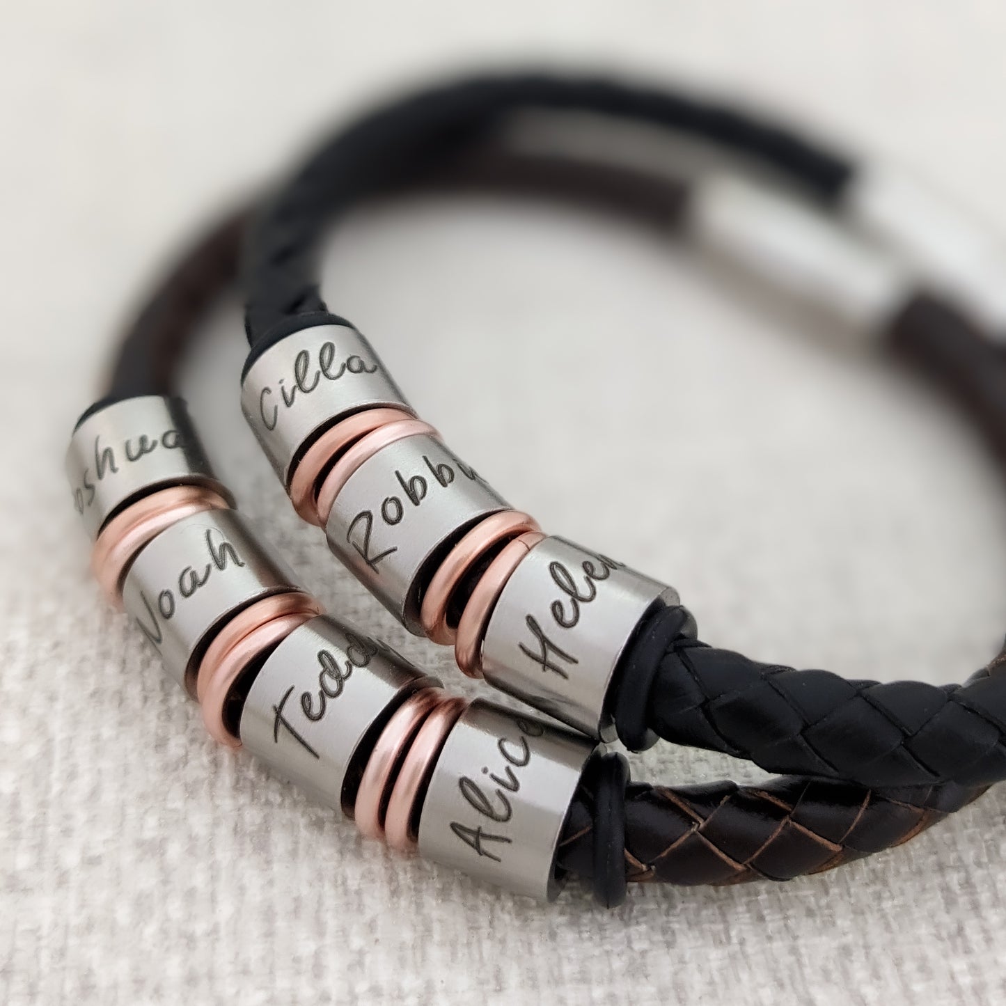 Personalised Men’s Leather Bracelet with Name Rings and Spacers