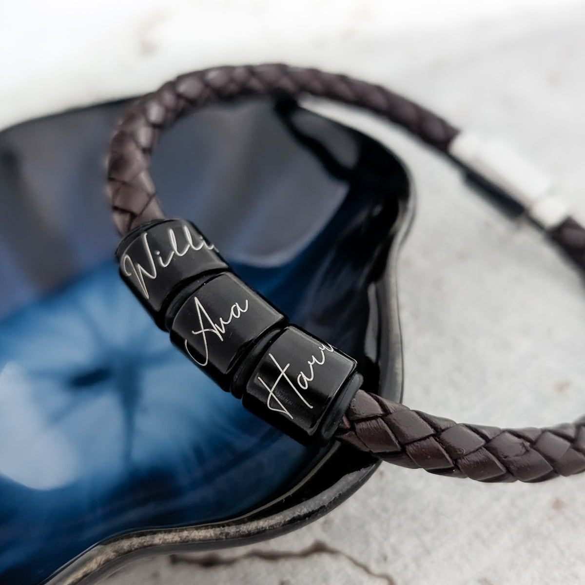 Personalised Men's Leather Bracelet With Black Script Name Rings