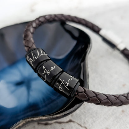 Personalised Men's Leather Bracelet With Black Script Name Rings