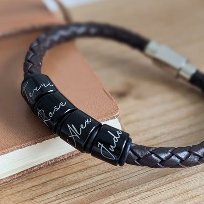 Personalised Men's Leather Bracelet With Black Script Name Rings