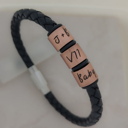 Personalised Men's Leather Bracelet With Copper Name Rings