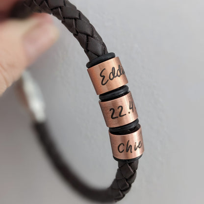Personalised Men's Leather Bracelet With Copper Name Rings