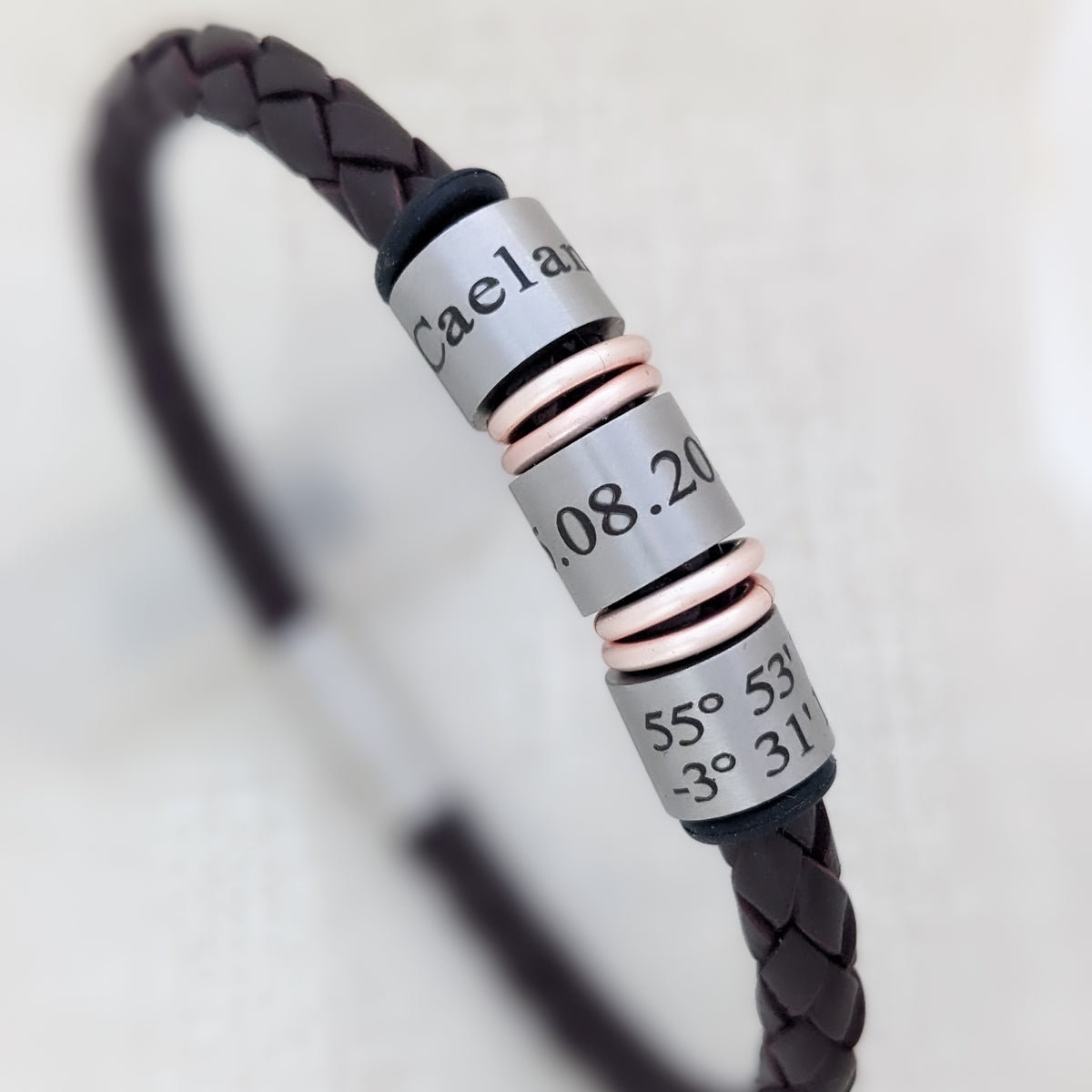 Personalised Men’s Leather Bracelet with Name Rings and Spacers