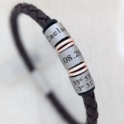 Personalised Men’s Leather Bracelet with Name Rings and Spacers