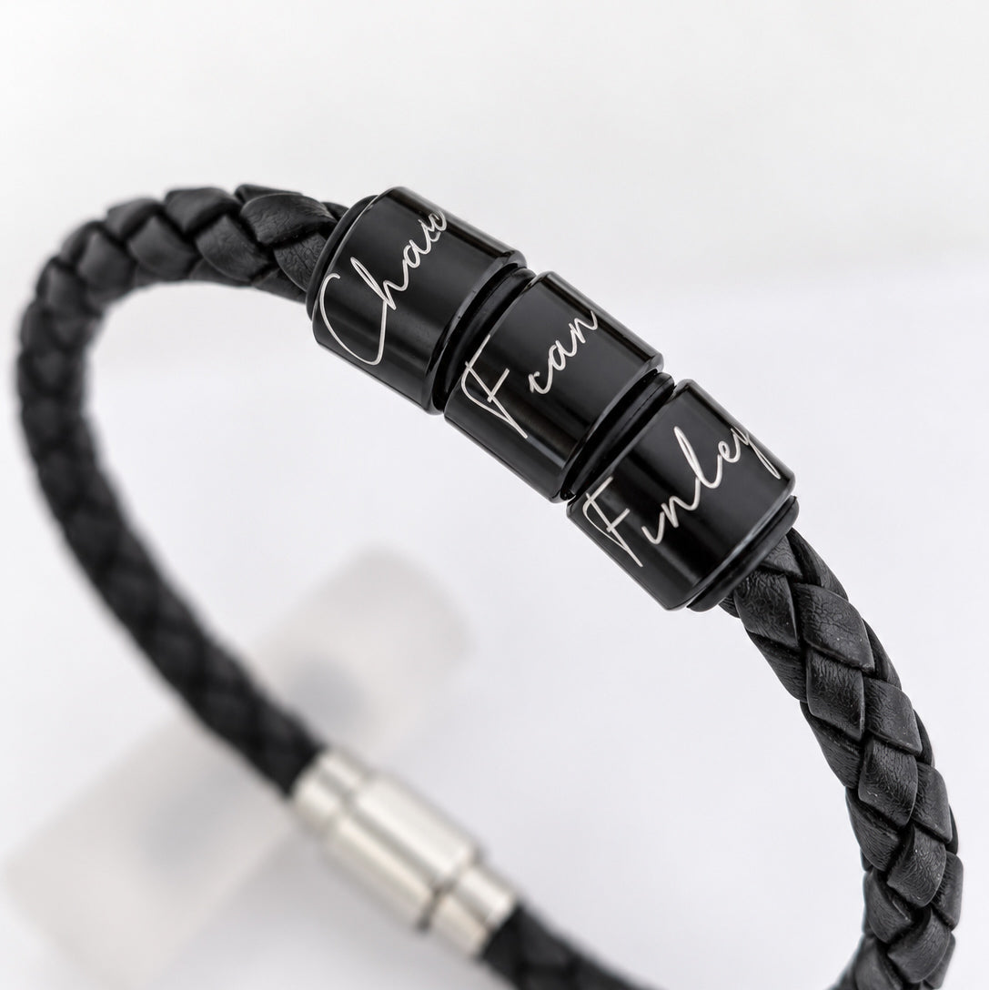 Personalised Men's Leather Bracelet With Black Script Name Rings