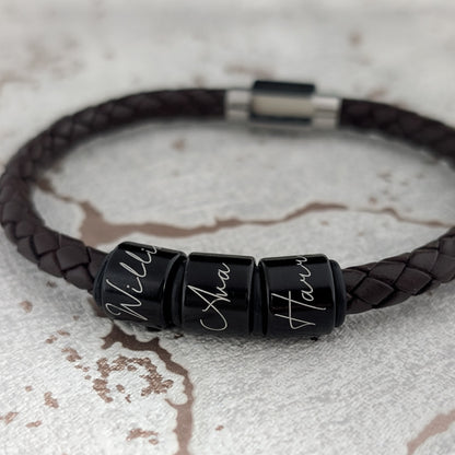 Personalised Men's Leather Bracelet With Black Script Name Rings