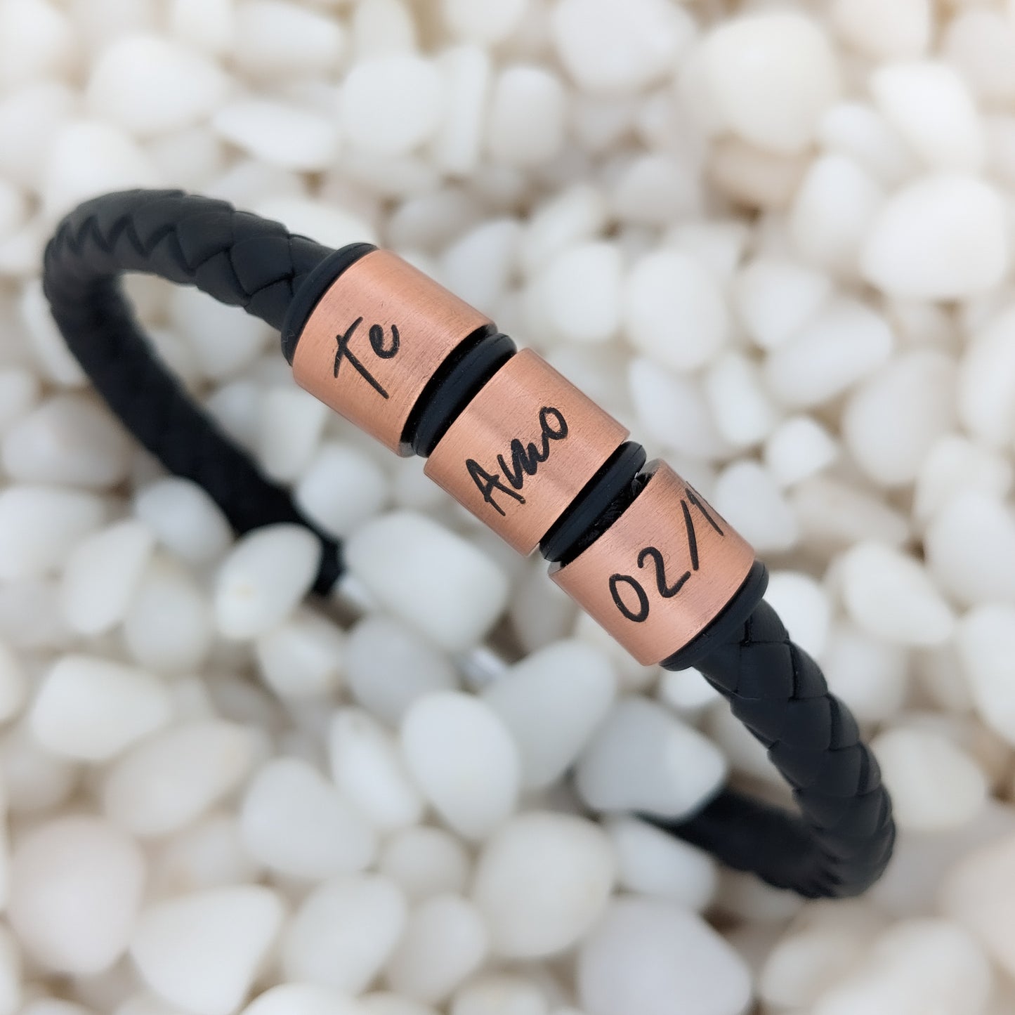 Personalised Men's Leather Bracelet With Copper Name Rings
