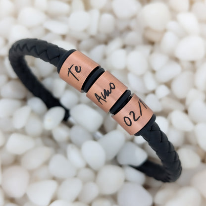 Personalised Men's Leather Bracelet With Copper Name Rings