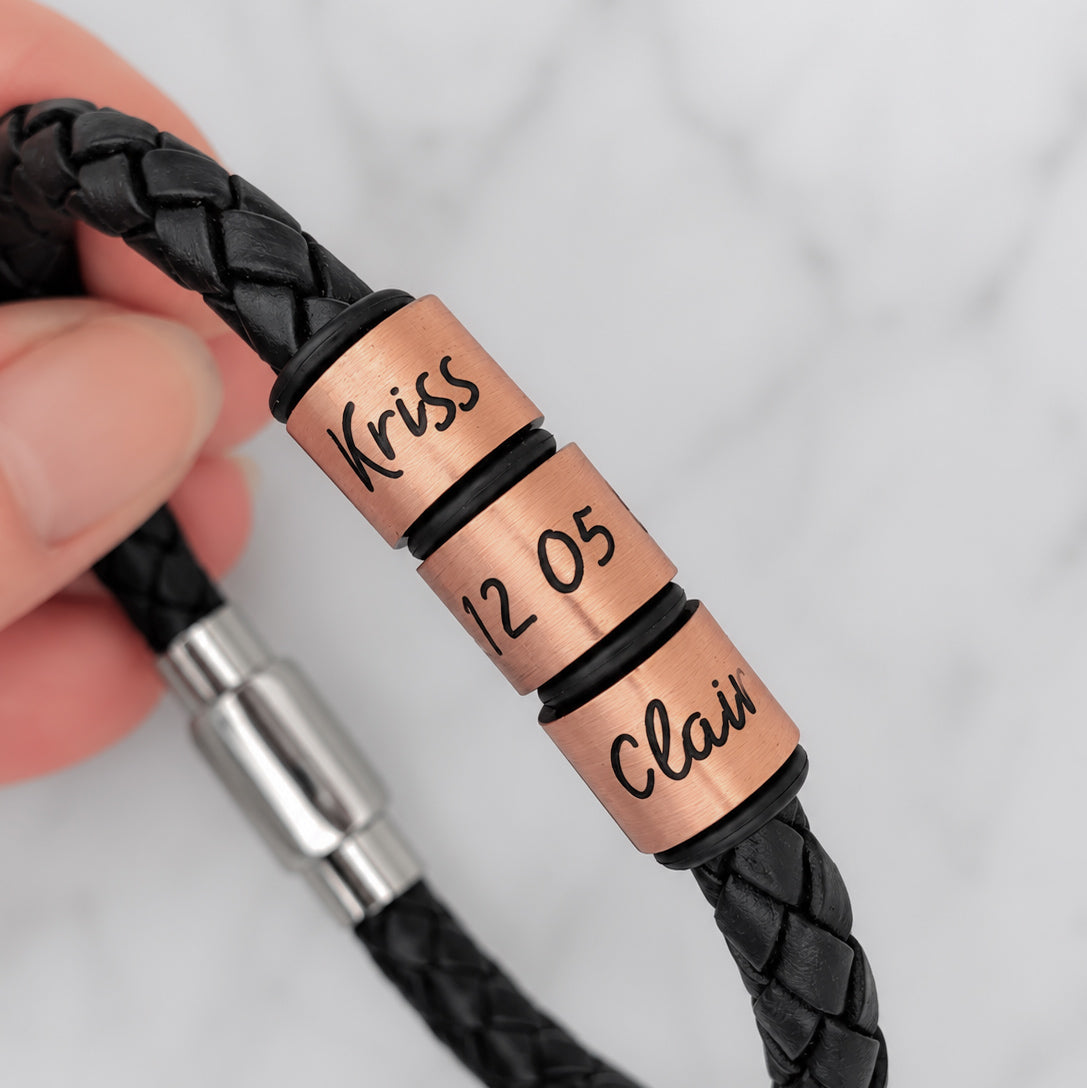Personalised Men's Leather Bracelet With Copper Name Rings