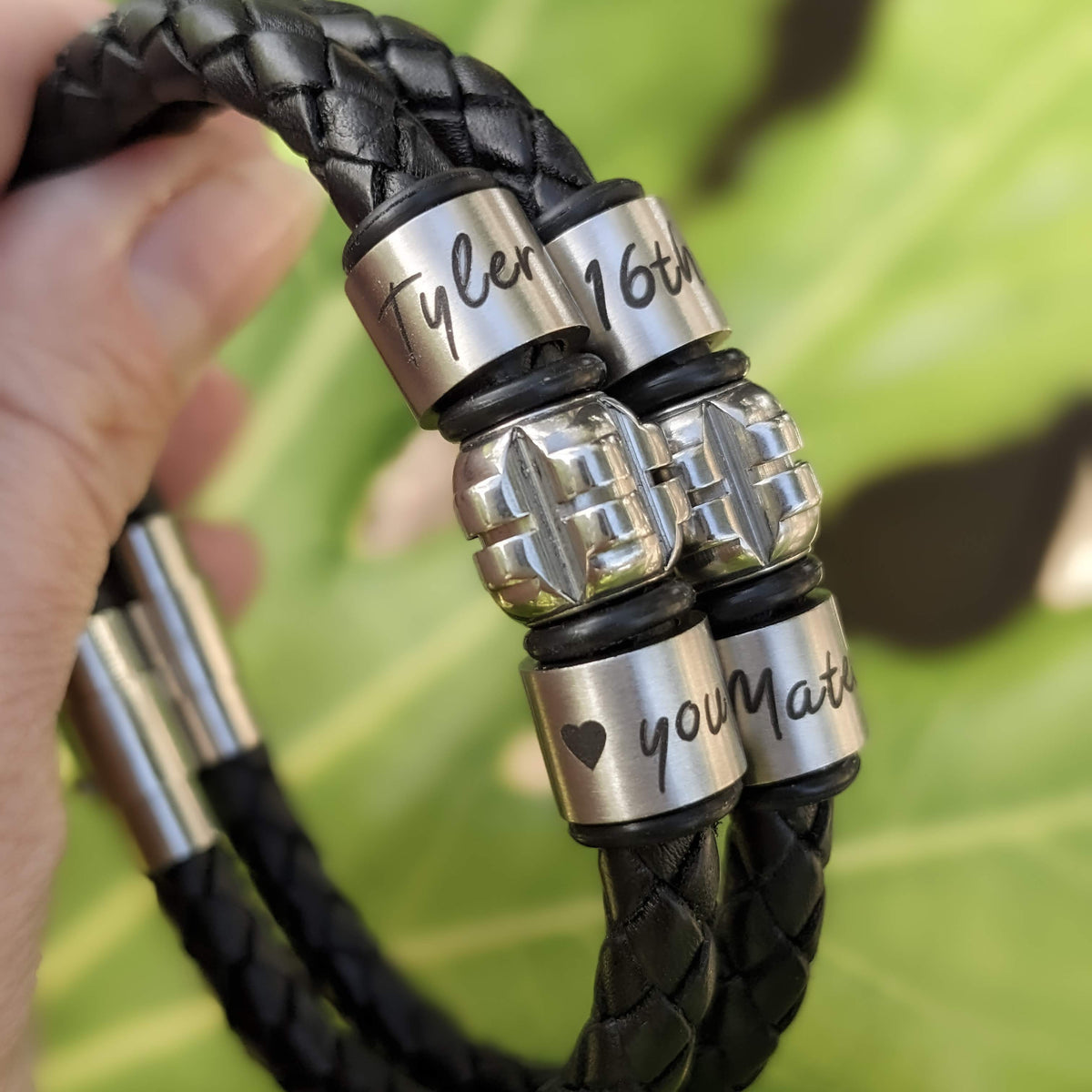 Personalised leather bracelet for teenage boy with name, 16th birthday and love you rings